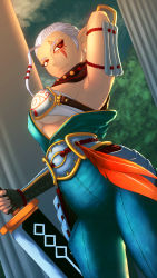 Rule 34 | 1girl, ahoge, arm up, armor, armpits, asymmetrical clothes, braid, breasts, commentary request, dark skin, dark-skinned female, eyelashes, eyeliner, facial tattoo, faulds, french braid, from below, highres, holding, holding sword, holding weapon, huge ahoge, hyrule warriors, impa, makeup, medium breasts, muneate, night, nintendo, planted, pointy ears, red eyes, reverse grip, rimviolet, sarashi, shoulder armor, solo, sword, tattoo, the legend of zelda, underboob, underwear, weapon