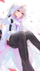 Rule 34 | 1girl, black thighhighs, closed mouth, derby (dabidabi), fate/grand order, fate/prototype, fate (series), highres, hood, long hair, long sleeves, looking at viewer, merlin (fate/prototype), merlin (fate/prototype) (first ascension), petals, red eyes, simple background, smile, solo, thighhighs, white background, white hair, white hood, wide sleeves