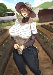 Rule 34 | 1girl, bags under eyes, barn, breasts, brown eyes, brown hair, curvy, day, denim, farm, farmer, gardening, gloves, hat, highres, huge breasts, jeans, large breasts, lips, lipstick, long sleeves, looking at viewer, makeup, mature female, open mouth, original, outdoors, pants, plump, rural, shirt, short hair, sky, solo, striped clothes, striped shirt, thick thighs, thighs, toshi (8868750)