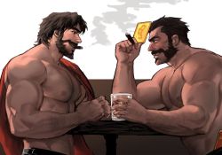 Rule 34 | 2boys, abs, bara, beard, body hair, brown hair, cassidy (overwatch), chest hair, cigar, crossover, dopey (dopq), facial hair, graves (league of legends), large pectorals, looking at another, male focus, manly, multiple boys, muscular, nipples, original, overwatch, overwatch 1, pectorals, simple background, topless male