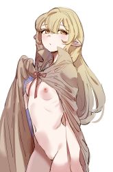 Rule 34 | 1girl, blonde hair, blush, bow (bhp), breasts, cloak, elf, long hair, looking at viewer, naked cloak, navel, nipples, original, pointy ears, simple background, solo, white background, yellow eyes