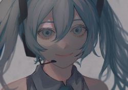 Rule 34 | 1girl, bare shoulders, blue eyes, blue hair, blue neckwear, blurry, close-up, closed mouth, collared shirt, colored eyelashes, depth of field, dot nose, eyelashes, grey background, grey shirt, hair between eyes, happy, hatsune miku, headset, highres, long hair, looking at viewer, microphone, muted color, p2 (uxjzz), portrait, shirt, sidelocks, simple background, sleeveless, sleeveless shirt, smile, solo, tsurime, twintails, upper body, vocaloid