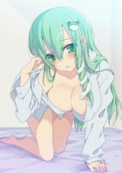 Rule 34 | 1girl, all fours, blush, bottomless, breasts, cleavage, collarbone, downblouse, dress shirt, frog hair ornament, full body, green eyes, green hair, hair ornament, kochiya sanae, large breasts, long hair, long sleeves, looking at viewer, matching hair/eyes, naked shirt, no bra, off shoulder, oota minoru, open clothes, open shirt, parted lips, shirt, snake hair ornament, solo, touhou, white shirt