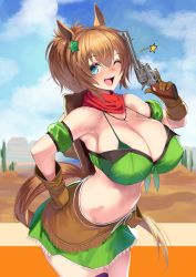 Rule 34 | 1girl, ;d, alternate breast size, animal ears, armband, armpits, bandana, black thighhighs, blue eyes, blush, breasts, brown hair, brown hat, cactus, cleavage, cloud, contrapposto, cowboy hat, cowboy shot, cowboy western, desert, gen (black factory), gloves, green armband, green shirt, green skirt, gun, hair ornament, hand on own hip, handgun, happy, hat, hat on back, highres, holding, holding gun, holding weapon, horse ears, horse girl, horse tail, huge breasts, layered skirt, leather, leather gloves, leather skirt, long hair, looking at viewer, midriff, navel, one eye closed, open mouth, outdoors, ponytail, red bandana, revolver, shirt, sideboob, skindentation, skirt, sky, smile, solo, star (symbol), star hair ornament, taiki shuttle (umamusume), tail, thighhighs, trigger discipline, umamusume, unworn headwear, weapon, wink