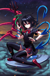 Rule 34 | 1girl, above clouds, ahoge, asymmetrical wings, black dress, black hair, black thighhighs, bow, bowtie, cloud, dress, fkey, hair between eyes, highres, houjuu nue, looking at viewer, mary janes, md5 mismatch, pointy ears, polearm, red bow, red bowtie, red eyes, resolution mismatch, shoes, shooting star, short dress, short sleeves, sitting, sky, snake, solo, source smaller, star (sky), starry sky, thighhighs, touhou, trident, ufo, weapon, wings, zettai ryouiki