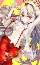Rule 34 | 1girl, arm up, bow, breasts, character name, duca, dutch angle, eyelashes, fujiwara no mokou, hair bow, long hair, navel, open clothes, open shirt, pants, red eyes, shirt, small breasts, solo, suspenders, touhou, very long hair, white hair