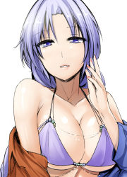 Rule 34 | 1girl, beads, bikini, blue eyes, breasts, cleavage, collarbone, commentary request, halterneck, highres, large breasts, lips, looking at viewer, nail polish, parted lips, purple bikini, red nails, seductive smile, shiny skin, silver hair, smile, solo, swimsuit, touhou, underboob, undressing, upper body, white background, y2, yagokoro eirin