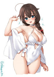 Rule 34 | 1girl, arm up, armpits, blue eyes, breasts, brown hair, casual one-piece swimsuit, choker, cleavage, cosplay, criss-cross halter, cropped legs, ebifurya, frilled one-piece swimsuit, frilled swimsuit, frills, hair ornament, halterneck, highleg, highleg swimsuit, highres, kantai collection, large breasts, looking at viewer, o-ring, o-ring swimsuit, one-piece swimsuit, open mouth, sagiri (kancolle), sagiri (kancolle) (cosplay), shigure (kancolle), side-tie swimsuit, simple background, solo, swimsuit, thighs, twitter username, white background, white choker, white one-piece swimsuit