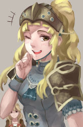 Rule 34 | 2girls, ^^^, armor, armored dress, blonde hair, blush, braid, breasts, chin strap, clair (fire emblem), false smile, faye (fire emblem), fire emblem, fire emblem echoes: shadows of valentia, grey background, hair ribbon, hand to own mouth, helm, helmet, highres, laughing, long hair, looking at viewer, multiple girls, nintendo, one eye closed, open mouth, pauldrons, ponytail, ribbon, shaded face, short sleeves, shoulder armor, smile, solo focus, traditional media, tress ribbon, twin braids, upper body, wrist cuffs, yasaidon, yellow eyes
