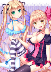 Rule 34 | 2girls, absurdly long hair, asymmetrical legwear, bad id, bad pixiv id, black legwear, black ribbon, blonde hair, blue panties, blue ribbon, bow, breasts, chemise, choker, cleavage, collarbone, commentary request, dress, earrings, frilled dress, frills, garter straps, green eyes, hair bow, hair ribbon, hand on another&#039;s hip, hand on another&#039;s leg, hand on another&#039;s shoulder, jewelry, kneeling, knees together feet apart, large breasts, leg up, lingerie, long hair, looking at viewer, medium breasts, mikami sasara, mismatched legwear, multiple girls, open mouth, original, panties, puffy short sleeves, puffy sleeves, purple background, purple bow, red bow, red ribbon, ribbon, see-through, short sleeves, side-tie panties, single earring, smile, sparkle, striped background, striped clothes, striped legwear, striped thighhighs, thighhighs, twintails, underwear, vertical stripes, very long hair, white legwear, wrist ribbon, yellow eyes