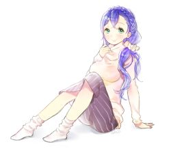 Rule 34 | 10s, 1girl, anco (melon85), aqua eyes, arm support, artist name, blush, breasts, earrings, hair over shoulder, jewelry, long hair, looking at viewer, love live!, love live! school idol festival, love live! school idol project, low twintails, medium breasts, no shoes, purple hair, signature, simple background, sitting, skirt, smile, socks, solo, striped clothes, striped skirt, tojo nozomi, turtleneck, twintails, vertical-striped clothes, vertical-striped skirt, white background