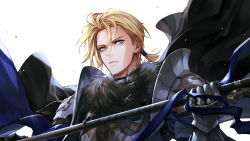 Rule 34 | 1boy, armor, black cape, blonde hair, blue eyes, breastplate, cape, closed mouth, danhu, dimitri alexandre blaiddyd, fire emblem, fire emblem: three houses, fire emblem warriors, fire emblem warriors: three hopes, fur collar, gauntlets, holding, holding polearm, holding weapon, looking at viewer, male focus, nintendo, pauldrons, polearm, short hair, short ponytail, shoulder armor, simple background, solo, upper body, weapon, white background