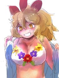 Rule 34 | 1girl, animal ears, big hair, bikini, blonde hair, blue jacket, blush, commentary request, flower, highres, ieinu account, jacket, kemono friends, kemono friends 3, lion (kemono friends), lion ears, lion girl, midriff, official alternate costume, open clothes, open jacket, removing jacket, smile, solo, swimsuit, upper body, white bikini, yellow eyes