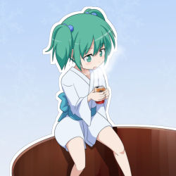 Rule 34 | 1girl, blush, bucket, can, canned coffee, cato (monocatienus), drink can, green eyes, green hair, hair bobbles, hair ornament, kisume, legs, matching hair/eyes, open mouth, outline, robe, sash, sitting, sitting on object, solo, steam, touhou, twintails