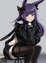Rule 34 | 1girl, animal ears, arknights, beruko14, black bow, black gloves, black shorts, black thighhighs, blue eyes, blush, bow, closed mouth, english text, feet out of frame, gloves, grappling hook, grey background, hair bow, highres, long hair, long sleeves, looking at viewer, purple hair, rabbit ears, rope (arknights), short shorts, shorts, signature, simple background, sitting, smile, solo, sparkle, thighhighs, zipper pull tab