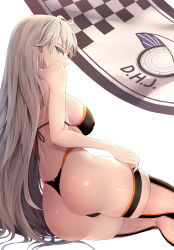 Rule 34 | 1girl, ahoge, ass, back, bare shoulders, bikini, black bikini, black thighhighs, blue eyes, blush, breasts, commentary, covered erect nipples, from side, grey hair, highres, large breasts, legs, limeblock, long hair, looking at viewer, looking back, original, shiny skin, sidelocks, simple background, sitting, skindentation, solo, swimsuit, thighhighs, thighs, thong bikini, toeless legwear, toes, tsurime, very long hair, white background