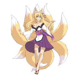 Rule 34 | 1girl, absurdres, animal ear fluff, animal ears, bare legs, bare shoulders, blonde hair, breasts, cleavage, female focus, fox ears, fox tail, full body, geta, green eyes, grin, highres, hyphen, kitsune, large breasts, legs, long hair, looking at viewer, mon-musu quest!, monster girl, multiple tails, obi, aged up, sash, smile, solo, spoilers, tabi, tail, tamamo (mon-musu quest!), tattoo, thundragon, transparent background, white background