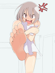 Rule 34 | 1girl, anger vein, angry, barefoot, blush, embarrassed, feet, female focus, grey hair, kicking, looking at viewer, open mouth, original, salpin, soles, solo, toes, towel