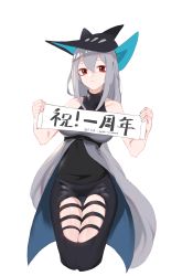 Rule 34 | 1girl, arknights, bare arms, bare shoulders, black hat, black pants, black shirt, breasts, closed mouth, collarbone, commentary request, covered collarbone, grey hair, hair between eyes, hands up, hat, highres, holding, inniyik, large breasts, long hair, looking at viewer, pants, red eyes, shirt, simple background, skadi (arknights), sleeveless, sleeveless shirt, solo, very long hair, white background