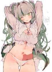 Rule 34 | 1girl, arms behind head, arms up, blush, breasts, commission, cowboy shot, crocodilian tail, crop top, frills, gluteal fold, green eyes, green hair, hair intakes, hair ornament, head tilt, heart, highres, indie virtual youtuber, jewelry, large breasts, long hair, looking at viewer, midriff, multicolored hair, multiple views, navel, necklace, one eye closed, otintin, panties, simple background, skeb commission, steam, stomach, streaked hair, sweat, tail, tongue, underwear, virtual youtuber, wanuta (vtuber), white background, white panties