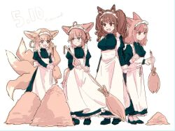 Rule 34 | 4girls, ahoge, alternate costume, angelina (arknights), animal ears, apron, arknights, braid, breasts, broom, commentary request, enmaided, flat chest, fox ears, fox tail, frostleaf (arknights), full body, holding, holding broom, kitsune, kyuubi, large breasts, long sleeves, maid, maid apron, maid day, maid headdress, medium hair, multiple girls, multiple tails, short hair, small breasts, sussurro (arknights), sutoa, suzuran (arknights), tail, twin braids, twintails, white apron, white background