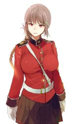 Rule 34 | 1girl, belt, between breasts, black skirt, braid, breasts, buttons, cowboy shot, decorations, epaulettes, fate/grand order, fate (series), florence nightingale (fate), gloves, large breasts, long sleeves, mandarin collar, military, military uniform, pink hair, pleated skirt, red eyes, sam browne belt, sasamori tomoe, single braid, skirt, sleeve cuffs, solo, strap between breasts, uniform, white gloves, white legwear
