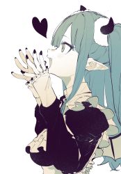 Rule 34 | 1girl, absurdres, aqua hair, black nails, ddari, demon girl, demon horns, eyelashes, fang, fingernails, frilled sleeves, frills, grey background, grey eyes, heart, highres, horns, long eyelashes, long fingernails, long hair, maid, nail polish, open mouth, original, pointy ears, simple background, solo, teeth, turtleneck, twintails, upper body, upper teeth only