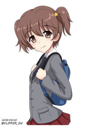 Rule 34 | 10s, 1girl, alisa (girls und panzer), backpack, bag, black necktie, blazer, blush, brown eyes, brown hair, closed mouth, collared shirt, dated, flipper, freckles, girls und panzer, grey jacket, hair between eyes, hair ornament, head tilt, jacket, looking at viewer, looking to the side, necktie, pleated skirt, red skirt, shirt, simple background, skirt, smile, solo, star (symbol), star hair ornament, twitter username, two side up, white background, white shirt