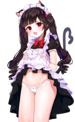 Rule 34 | 1girl, :o, absurdres, animal ears, apron, black dress, bow, bowtie, brown hair, cat ears, cat girl, cat tail, clothes lift, cowboy shot, dress, dress lift, frilled panties, frills, groin, hair bow, highres, lifted by self, long hair, looking at viewer, maid, maid apron, maid headdress, navel, open mouth, original, panties, red bow, red bowtie, red eyes, reel (riru), short sleeves, sidelocks, simple background, solo, standing, stomach, tail, thighs, twintails, underwear, white background, white panties, wing collar