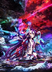 Rule 34 | 10s, 1girl, absurdres, android, broken, broken weapon, highres, image sample, mechanical parts, no game no life, purple hair, shuvi (no game no life), twitter sample, weapon, yellow eyes