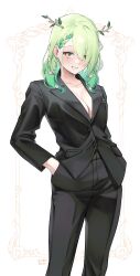 Rule 34 | 1girl, absurdres, alternate costume, antlers, artist name, black pants, blush, braid, branch, breasts, business suit, ceres fauna, cleavage, collared shirt, commentary, contrapposto, earrings, english commentary, flower, formal, green eyes, green hair, hair flower, hair ornament, hair over one eye, hands in pockets, highres, hololive, hololive english, horns, jacket, jewelry, large breasts, long hair, long sleeves, looking at viewer, medium breasts, mole, mole under eye, multicolored hair, office lady, pants, shirt, simple background, smile, solo, standing, suit, svet yomi, tuxedo, virtual youtuber, white background