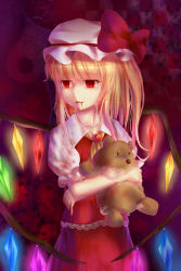 Rule 34 | 1girl, blonde hair, blood, bow, chu qing, collarbone, dress, flandre scarlet, hair bow, hat, long hair, red bow, red eyes, solo, touhou, white hat, wings