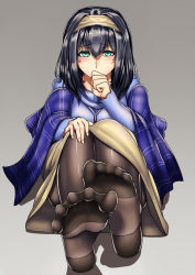 Rule 34 | 10s, 1girl, aqua eyes, black hair, commentary request, feet, fingernails, foot focus, gradient background, grey background, hair between eyes, hand to own mouth, highres, idolmaster, idolmaster cinderella girls, looking at viewer, no shoes, pantyhose, sagisawa fumika, shawl, shiny clothes, soles, solo, spread toes, toes, yui sora