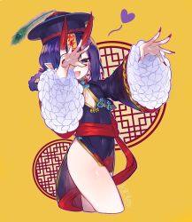 Rule 34 | 1girl, bell, black dress, black hair, black hat, braid, braided hair rings, breasts, cleavage cutout, clothing cutout, covered navel, dress, fang, fate/grand order, fate (series), fingernails, hair rings, hat, heart, highres, horns, jiangshi, kirie nozomi, long fingernails, long sleeves, looking at viewer, nail polish, ofuda, oni, open mouth, outstretched arms, pelvic curtain, purple eyes, qingdai guanmao, red nails, shuten douji (fate), shuten douji (festival outfit) (fate), sidelocks, skin-covered horns, small breasts, smile, solo, wide sleeves