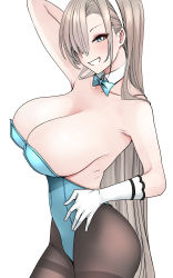 Rule 34 | 1girl, alternate breast size, animal ears, arm behind head, asuna (blue archive), asuna (bunny) (blue archive), bare shoulders, black pantyhose, blue archive, blue eyes, blush, bow, bowtie, breasts, cleavage, covered navel, fake animal ears, gloves, grin, h2o (ddks2923), hair over one eye, highres, large breasts, leotard, light brown hair, long hair, looking at viewer, pantyhose, playboy bunny, rabbit ears, simple background, smile, solo, thighband pantyhose, traditional bowtie, very long hair, white background, white gloves