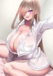 Rule 34 | 1girl, absurdres, amemiya arikapu, breasts, cleavage, collared shirt, commentary request, hair over one eye, highres, huge breasts, light brown hair, long bangs, long hair, looking at viewer, mole, mole on breast, mole under eye, naked shirt, open mouth, original, purple eyes, selfie, shirt, sitting, smile, solo, very long hair, white shirt, wing collar