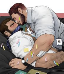 Rule 34 | 2boys, bandaid, bandaid on face, bara, beard, black hair, blush, brown hair, chest hair, collared shirt, couple, dopey (dopq), face-to-face, facial hair, formal, hairy, imminent penetration, male focus, multiple boys, muscular, necktie, necktie on mouth, on person, open clothes, open shirt, original, pectorals, red hair, salaryman, shirt, short hair, simple background, undressing, white shirt, yaoi