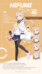 Rule 34 | 1girl, absurdres, assault rifle, backpack, bag, blonde hair, blue archive, bullpup, character name, character sheet, explosive, full body, grenade, gun, hair ribbon, halo, hifumi (blue archive), highres, hwansang, l85, magazine (weapon), official art, pantyhose, ribbon, rifle, school uniform, serafuku, shoes, sneakers, solo, twintails, weapon