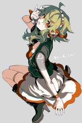 Rule 34 | 1girl, absurdres, arm at side, arm support, black footwear, boots, breasts, cross-laced footwear, dress, full body, gloves, green hair, gumi, hair between eyes, hair ornament, hairband, hairclip, hand up, head tilt, headphones, highres, knee boots, lace, lace-trimmed dress, lace-up boots, lace trim, layao, light smile, looking at viewer, looking back, medium breasts, on floor, open mouth, orange eyes, see-through, see-through sleeves, short hair, short hair with long locks, simple background, single horizontal stripe, single vertical stripe, sitting, solo, vocaloid, white background, white dress, white gloves, white hairband
