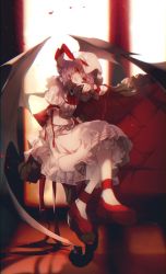 Rule 34 | 1girl, ascot, bat wings, blurry, brooch, couch, depth of field, hat, hat ribbon, head tilt, highres, indoors, jewelry, crossed legs, light purple hair, looking at viewer, mob cap, no-kan, petals, red eyes, red footwear, red ribbon, remilia scarlet, ribbon, rose petals, shirt, shoes, short hair, sitting, skirt, solo, touhou, wings