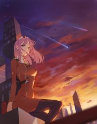 Rule 34 | 1girl, bird, black pantyhose, blurry, blurry foreground, building, buttons, chinese commentary, commentary request, darling in the franxx, double-breasted, dutch angle, feet out of frame, green eyes, hairband, highres, horns, jacket, long hair, long sleeves, mudined, necktie, pantyhose, pink hair, red horns, red jacket, shooting star, sitting, sky, solo, sunset, white hairband, yellow necktie, zero two (darling in the franxx)
