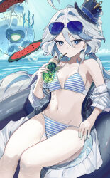 Rule 34 | 1girl, absurdres, ahoge, aviator sunglasses, bare shoulders, bikini, blue eyes, blue hair, blue hat, blue sky, breasts, commentary, cup, day, drinking, drinking glass, drinking straw, eyewear on head, furina (genshin impact), genshin impact, groin, hair between eyes, hair intakes, hand fan, hat, highres, holding, holding cup, holding fan, hydro eidolon (genshin impact), long hair, looking at viewer, mini hat, mini top hat, mirae, navel, ocean, off shoulder, outdoors, paper fan, sitting, sky, small breasts, solo, stomach, striped bikini, striped clothes, sunglasses, swimsuit, symbol-only commentary, thighs, top hat, uchiwa, very long hair