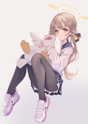 Rule 34 | 1girl, ass, black pantyhose, blue archive, bow, brown hair, commentary request, hugging doll, hair between eyes, hair bow, hair ribbon, halo, hifumi (blue archive), highres, knees up, long hair, long sleeves, looking at viewer, low twintails, miyanome, hugging object, pantyhose, peroro (blue archive), pleated skirt, ribbon, school uniform, serafuku, shoes, sidelocks, simple background, sitting, skirt, smile, sneakers, solo, stuffed chicken, twintails, wing hair ornament, yellow eyes