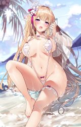 Rule 34 | 1girl, barefoot, beach, blonde hair, blue sky, blunt bangs, blush, bottle, breasts, bridal garter, cloud, commentary request, day, elf, flower, hair flower, hair ornament, highres, holding, holding bottle, large breasts, legs, long hair, navel, ocean, one-piece swimsuit, open mouth, original, outdoors, paid reward available, pointy ears, purple eyes, sitting, sky, slingshot swimsuit, solo, sora 72-iro, sun, swimsuit, teeth, toenails, toes, upper teeth only, water bottle, wet, white one-piece swimsuit, white slingshot swimsuit