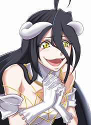Rule 34 | 1girl, ahoge, albedo (overlord), bad id, bad pixiv id, black hair, highres, horns, long hair, murabito sono2, open mouth, overlord (maruyama), own hands together, simple background, slit pupils, solo, upper body, white background, yellow eyes