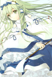 Rule 34 | 1girl, absurdres, bow, detached sleeves, frills, frog hair ornament, gohei, gradient background, green eyes, green hair, hair ornament, hair tubes, headdress, highres, japanese clothes, kochiya sanae, long hair, long skirt, long sleeves, matching hair/eyes, miko, non-web source, oonusa, scan, shirt, skirt, smile, snake hair ornament, solo, text focus, tommy (microstoria), touhou, wide sleeves