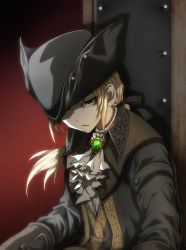 Rule 34 | 1girl, absurdres, ascot, black ribbon, blonde hair, bloodborne, brown coat, chair, coat, commentary request, gem, gloves, gradient background, green eyes, hair ribbon, hat, hat feather, highres, lady maria of the astral clocktower, long hair, long sleeves, looking at viewer, parted lips, ponytail, red background, ribbon, shaded face, shimoda masaya, sitting, solo, the old hunters, tricorne, unamused, upper body