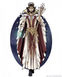 Rule 34 | 1boy, artist name, beard, blastedking, brown hair, cape, diadem, facial hair, full body, gloryhammer, glowing, glowing eyes, glowing hand, high collar, holding, holding scepter, jewelry, looking at viewer, male focus, medium hair, multicolored clothes, multiple rings, mustache, ring, scepter, shoulder spikes, smirk, spikes, walking, wizard, zargothrax