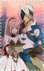 Rule 34 | 1boy, 1girl, absurdres, alphen (tales), armor, blue eyes, bowl, braid, breasts, broken mask, cleavage, closed mouth, cooking, dark-skinned male, dark skin, dress, finger in own mouth, food, highres, lace sleeves, long hair, mask, open mouth, pink hair, ponytail, shionne (tales), shoulder armor, sidelocks, silver hair, tales of (series), tales of arise, tasting, tusia, very long hair