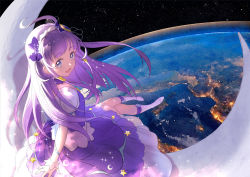 Rule 34 | 1girl, :d, blue eyes, boots, crescent moon, cure selene, earth (planet), hairband, hoshi (xingspresent), kaguya madoka, long hair, looking at viewer, magical girl, moon, on crescent, open mouth, planet, precure, purple hair, purple skirt, sitting, skirt, sky, smile, solo, space, star (sky), star twinkle precure, starry sky, white footwear, wrist cuffs